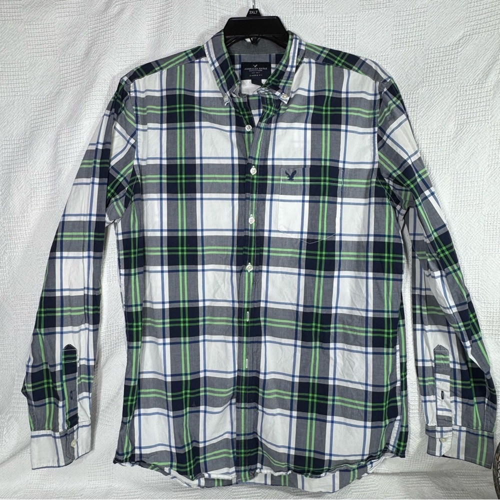 American Eagle Shirt Mens Large‎ Blue White Green Plaid Long Sleeve Button Up